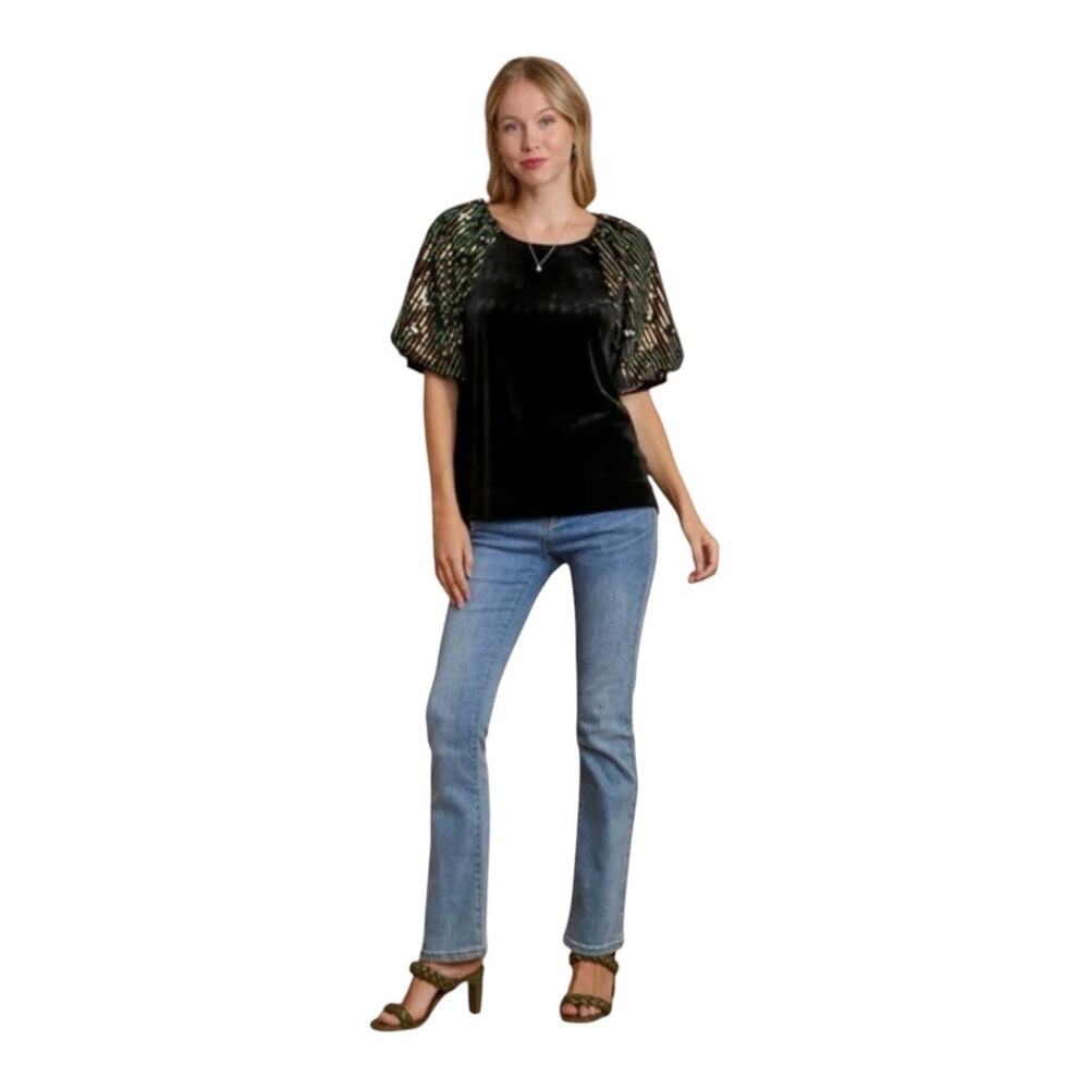 Umgee Velvet Sequin Black Top Small NWT